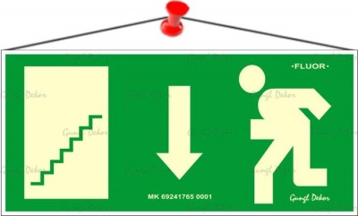 Információs tábla, 25x11,5 cm, fluoreszkáló, utánvilágítós, "Menekülési irány le, lépcső balra"